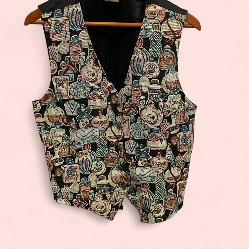 Vintage 80’s-90’s perfume cologne bottle tapestry vest silky back sweet treats